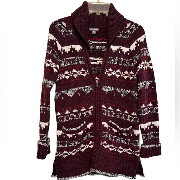 Eddie Bauer Women's Aztec Fair Isle Wood Blend Zip Cardigan Sweater - Picture 1 of 7